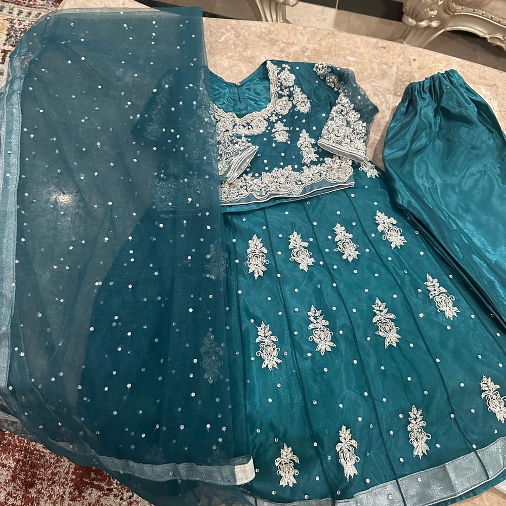 4T Lehnga Pakistani Teal Embroidered Formal Kids Dress with Dupatta